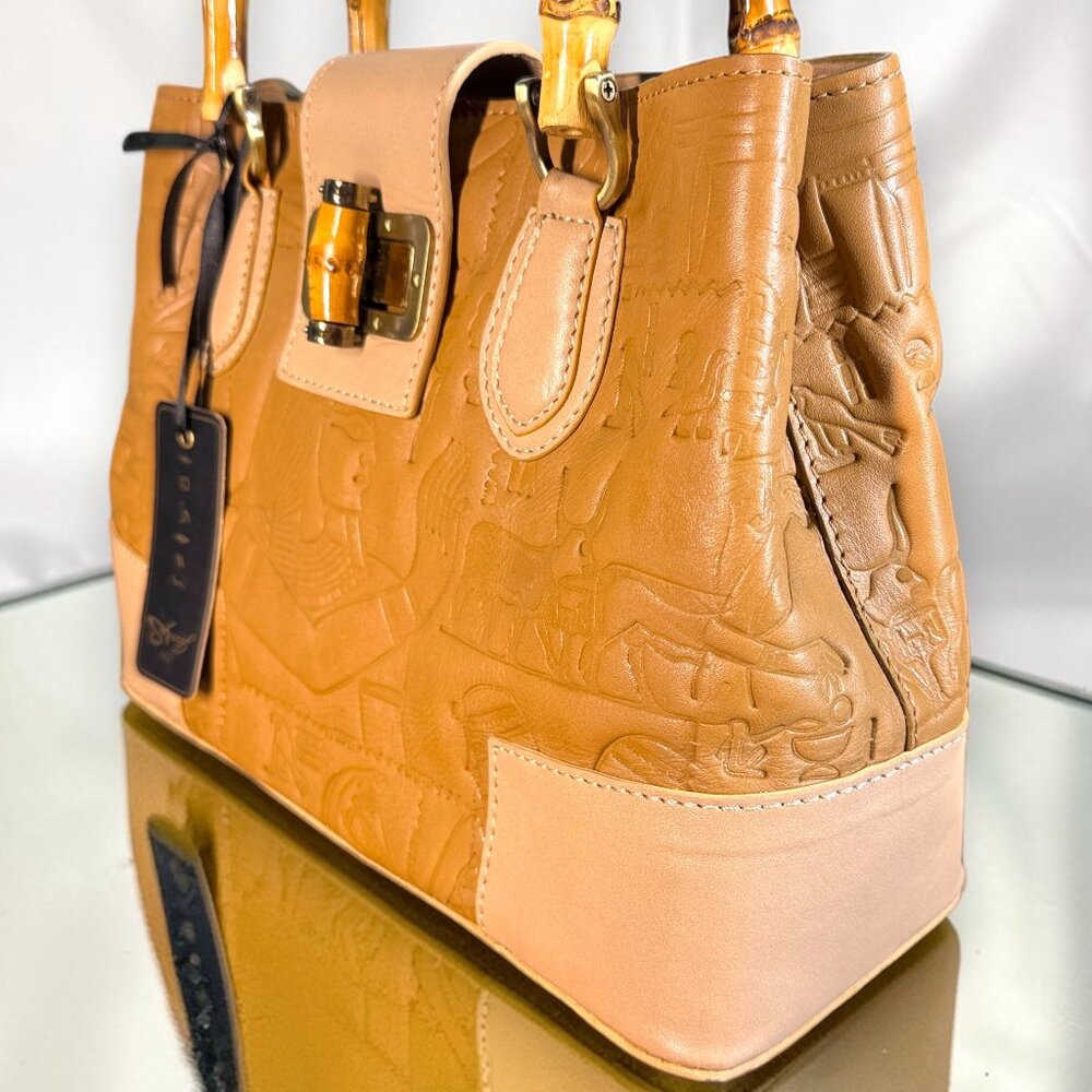Sharif Legacy Hieroglyphic Egyptian Leather Satchel with Bamboo Handles - New - Picture 4 of 16